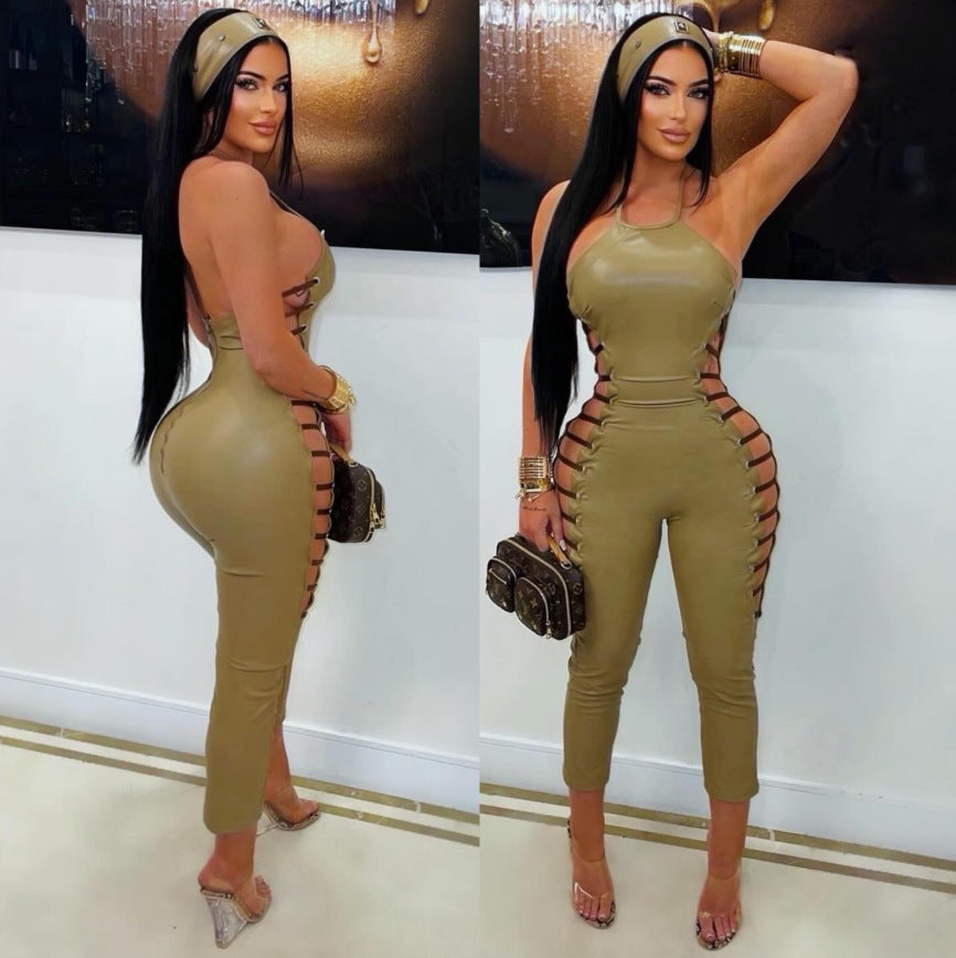 Faux Leather Halter Side-Cutout Lace-Up Jumpsuit Women