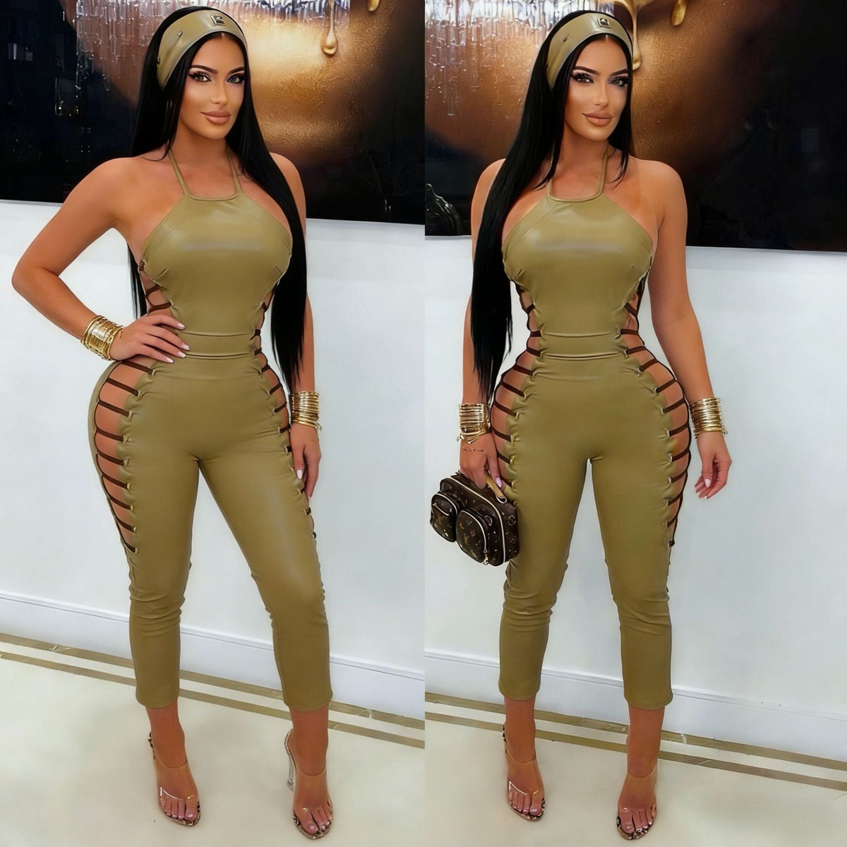 Faux Leather Halter Side-Cutout Lace-Up Jumpsuit Women