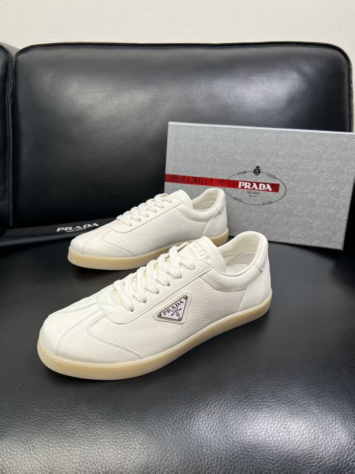 Prada Triangle Logo Low-Top Sneakers - Smooth Leather Upper